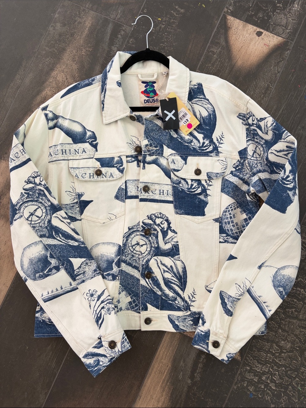 White & Navy Printed Denim Jacket